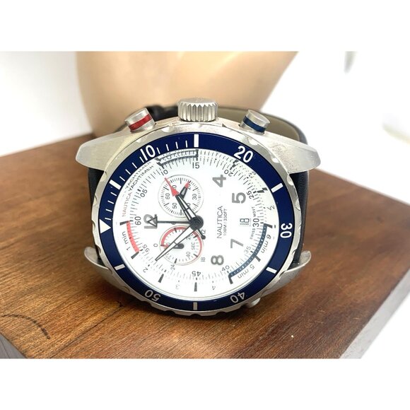 Nautica Men's Watch N25003 Swiss Quartz White Dial Date Black Leather Band 42mm - Picture 8 of 14